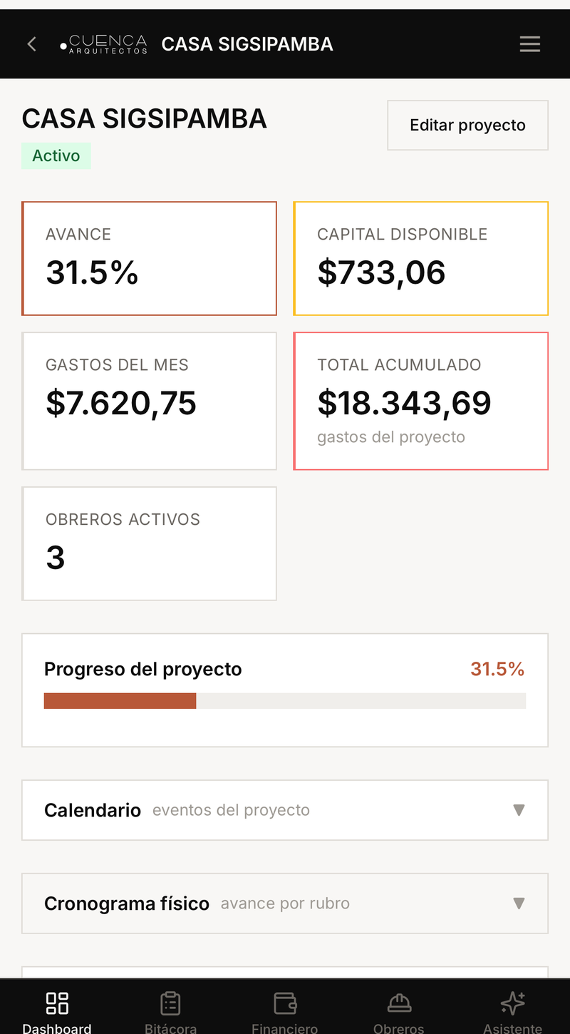 Dashboard de la obra en el celular: avance, capital y gastos